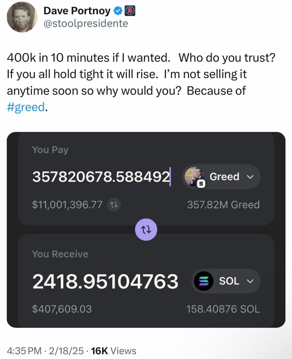 Dave Portnoy's GREED Token Soars to $30M, Plummets 90% After He Sells Within an Hour