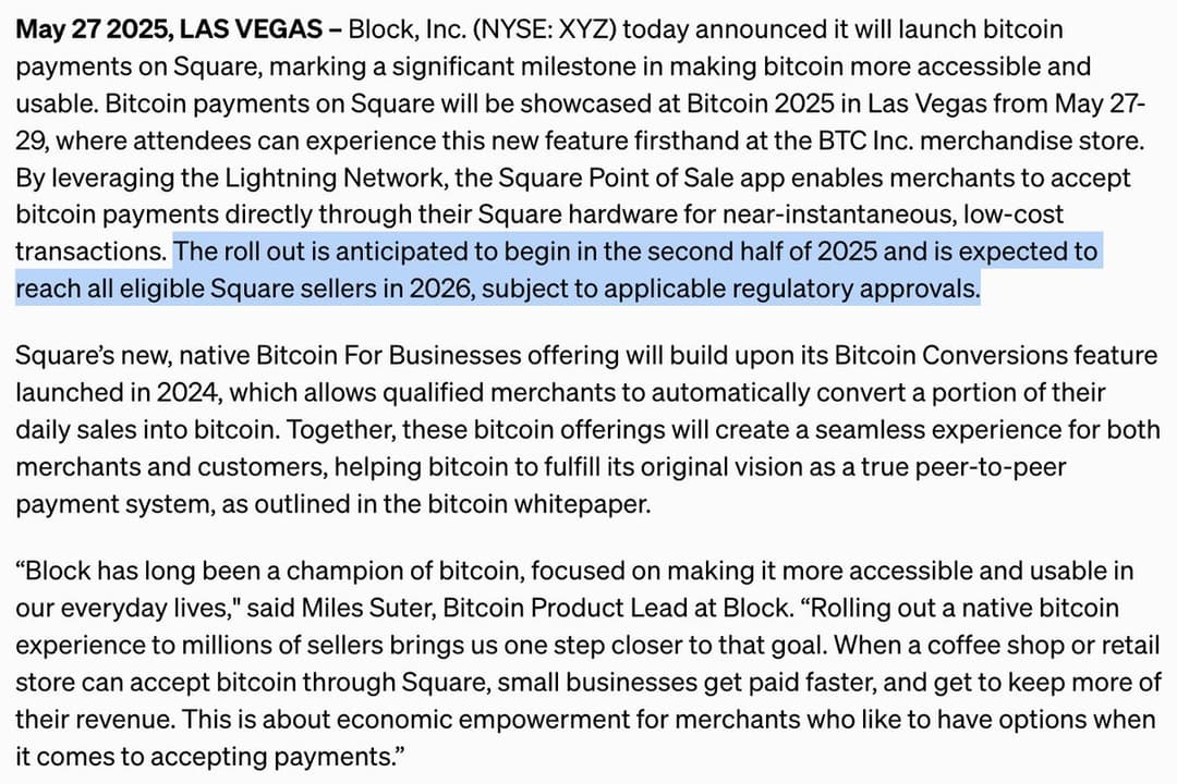 Block ($XYZ) to Launch Bitcoin Lightning Payments on All Square Terminals by 2026, Pilots Begin in Las Vegas