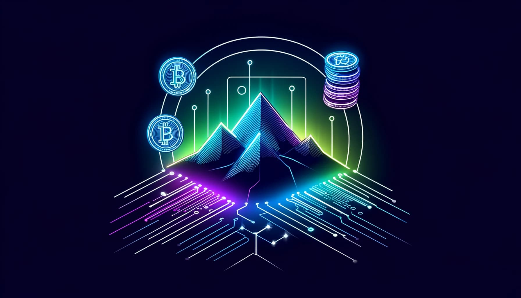 a mountain and digital elements symbolizing cryptocurrency