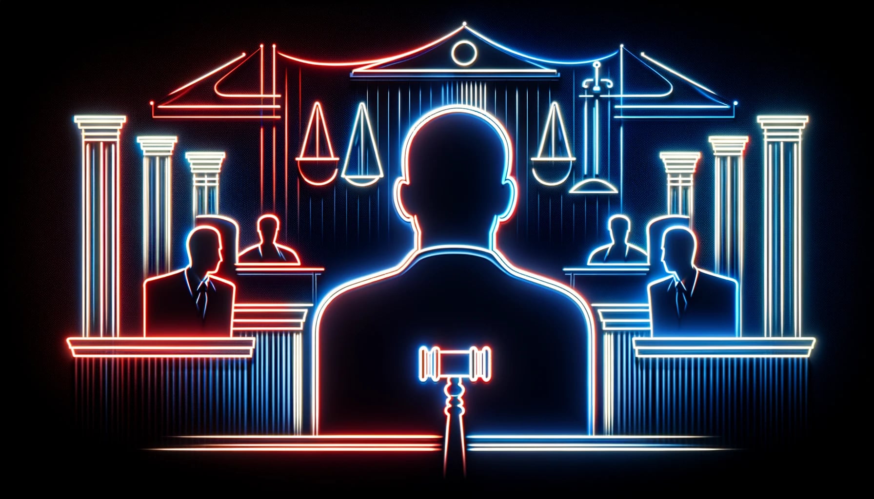 image features abstract elements like a gavel and scales of justice, glowing in neon against a dark background