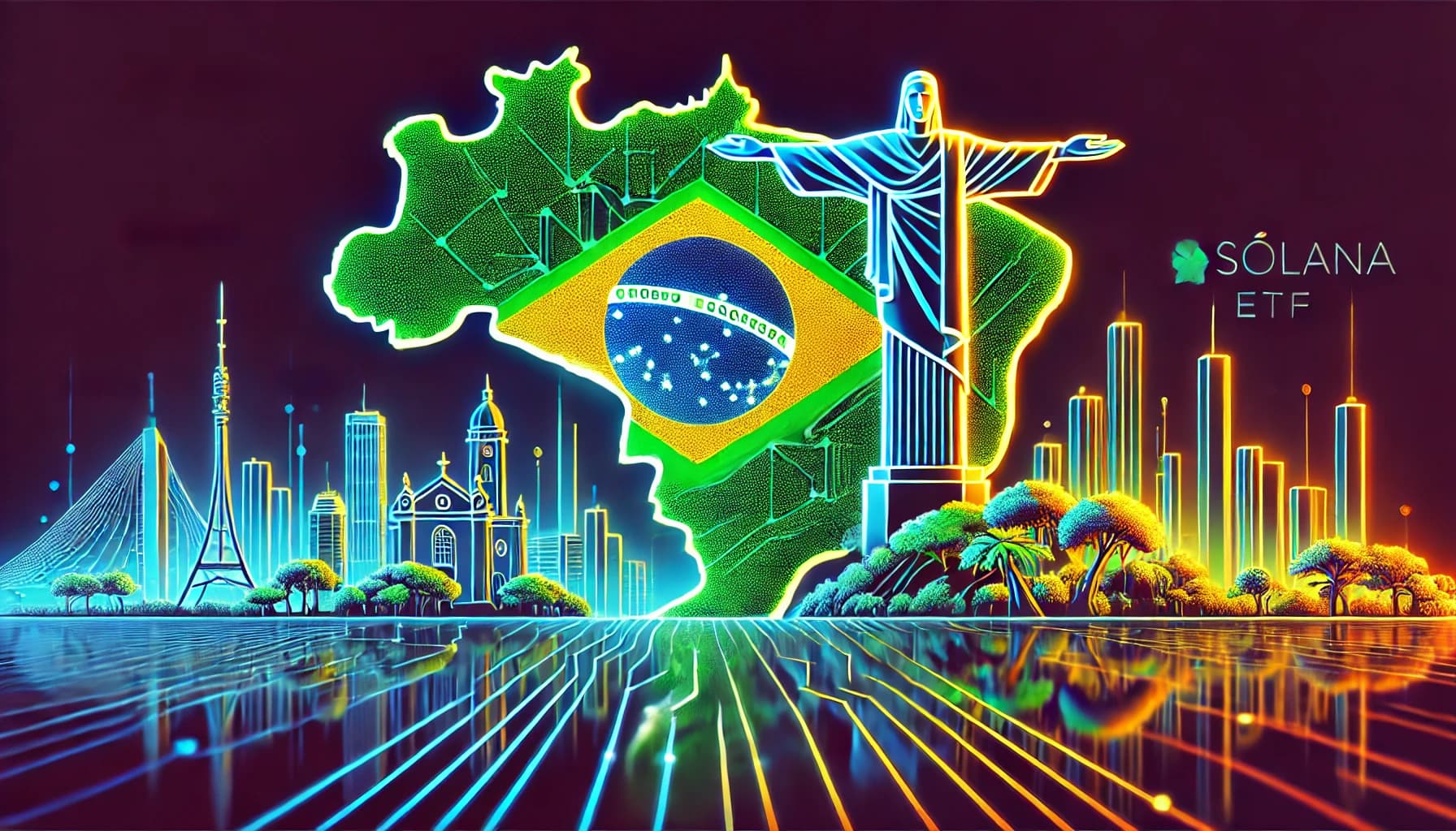 brazilian landmarks and map overlaid with solana etf text