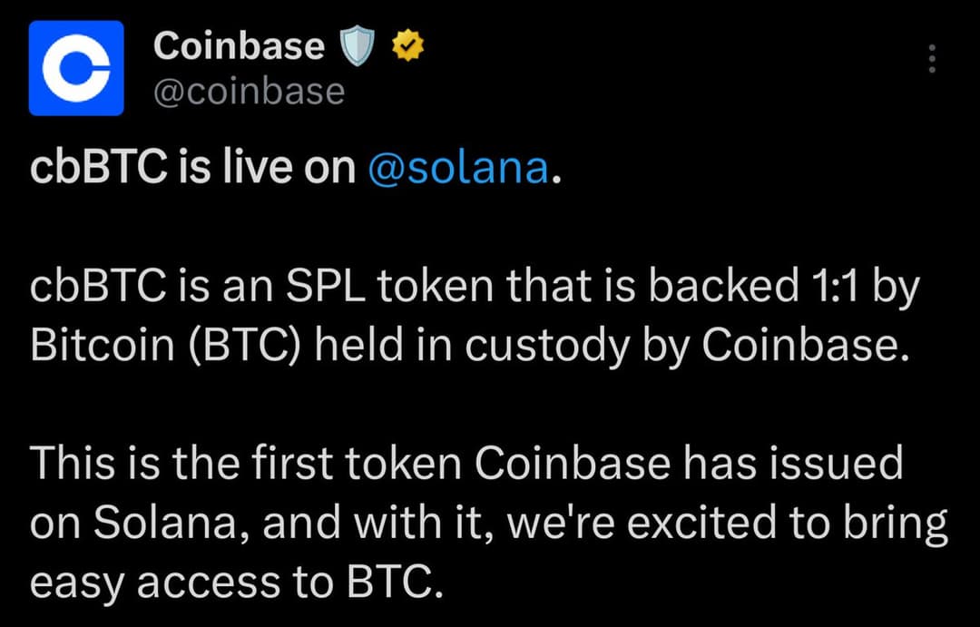 Coinbase Launches First Solana-Based Token cbBTC, a Bitcoin-Backed SPL Token