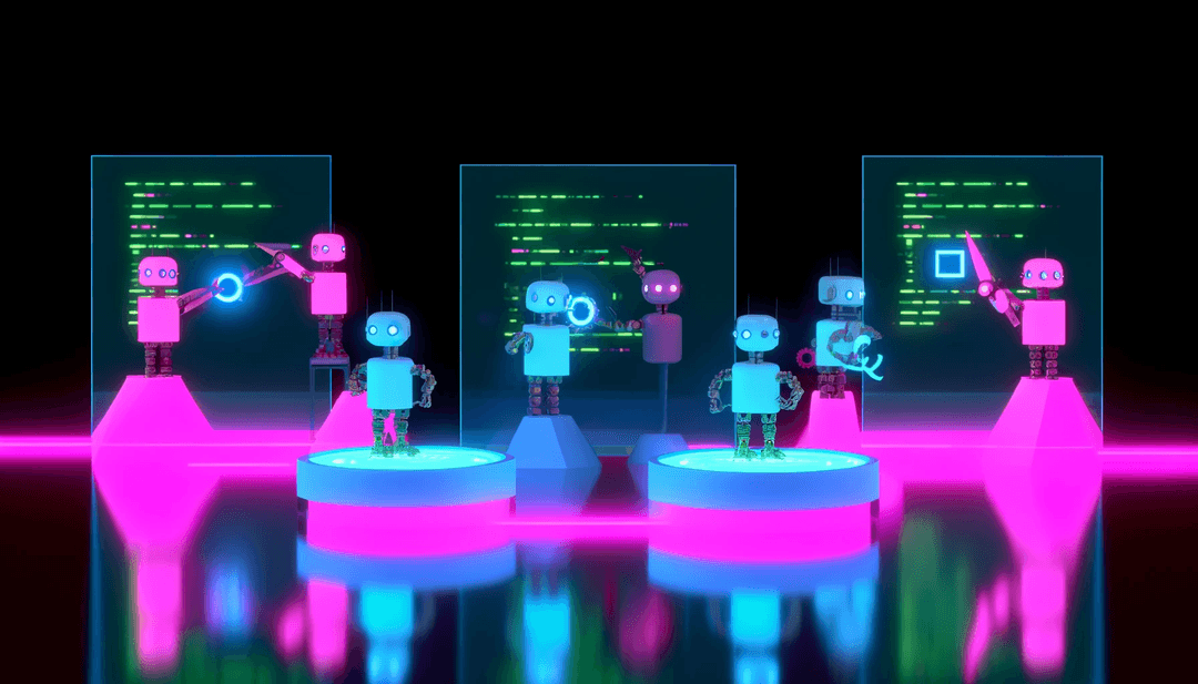 image of robots fixing a codebase, designed in a minimalistic style with neon colors