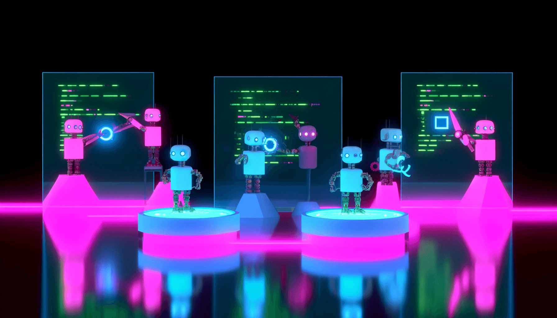 image of robots fixing a codebase, designed in a minimalistic style with neon colors