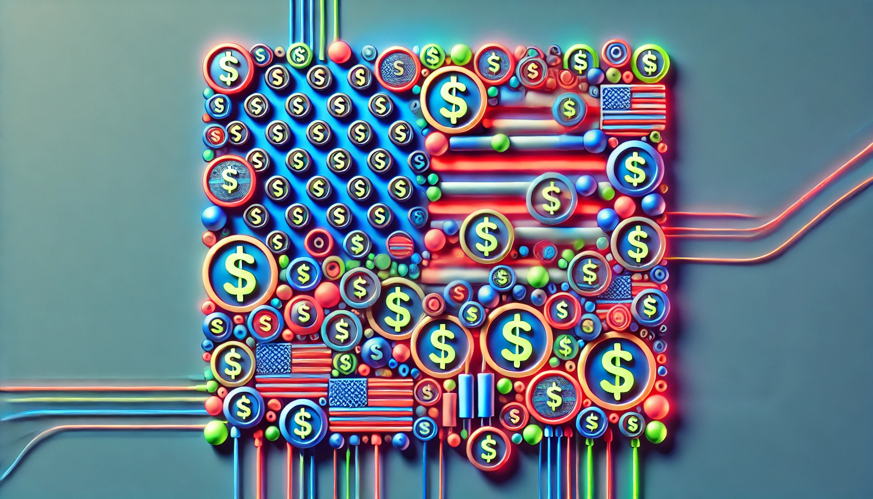 US flag overlaid with abstract representations of dollar coins