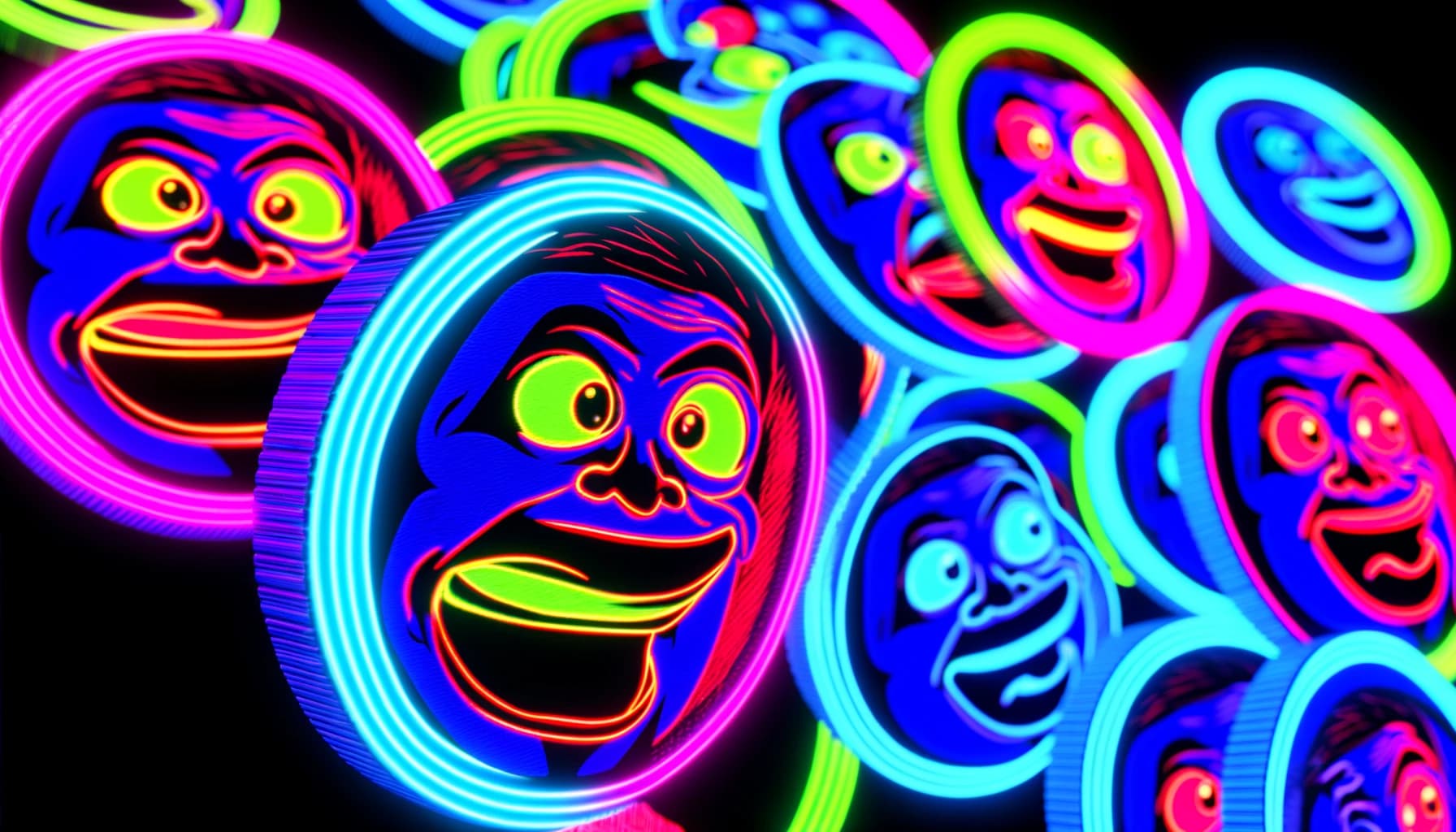 funny and vibrant depictions of memecoins