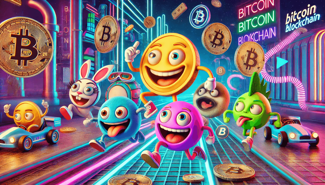mage depicting memecoins having fun on the Bitcoin blockchain
