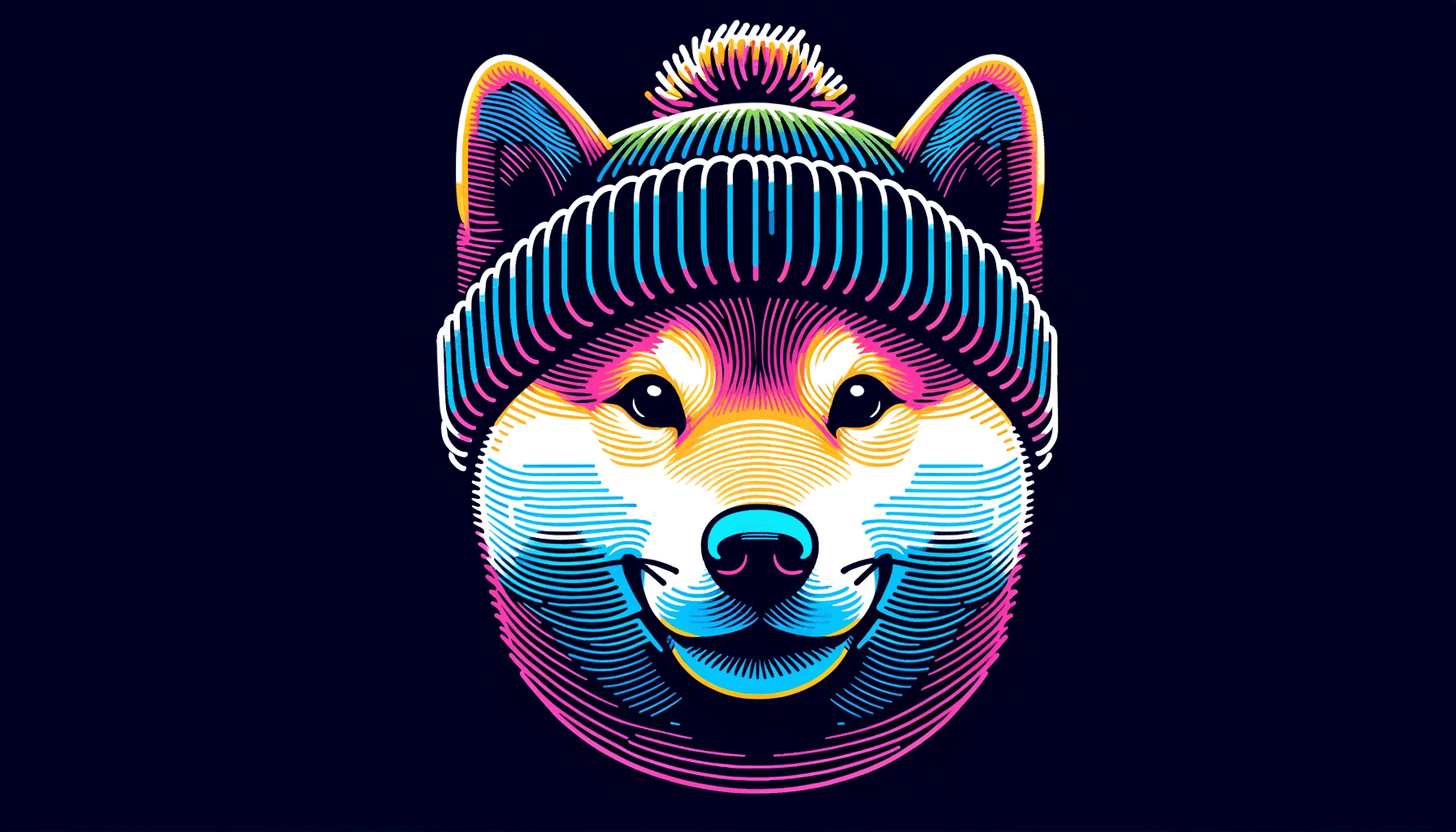 Shiba Inu dog wearing a wool hat, with a focus on neon colors in a minimalistic style