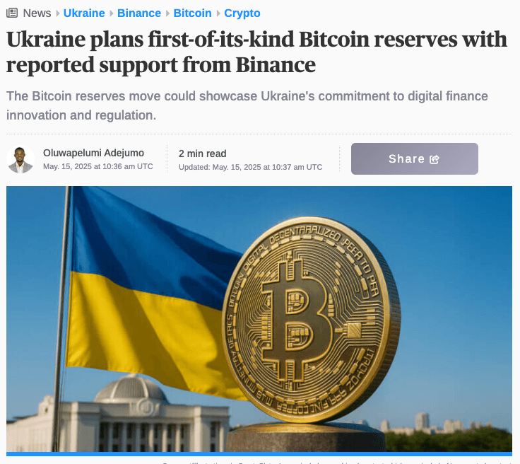 Ukraine MP Yaroslav Zheleznyak Nears Bill to Create 40,000 BTC National Reserve With Binance Support