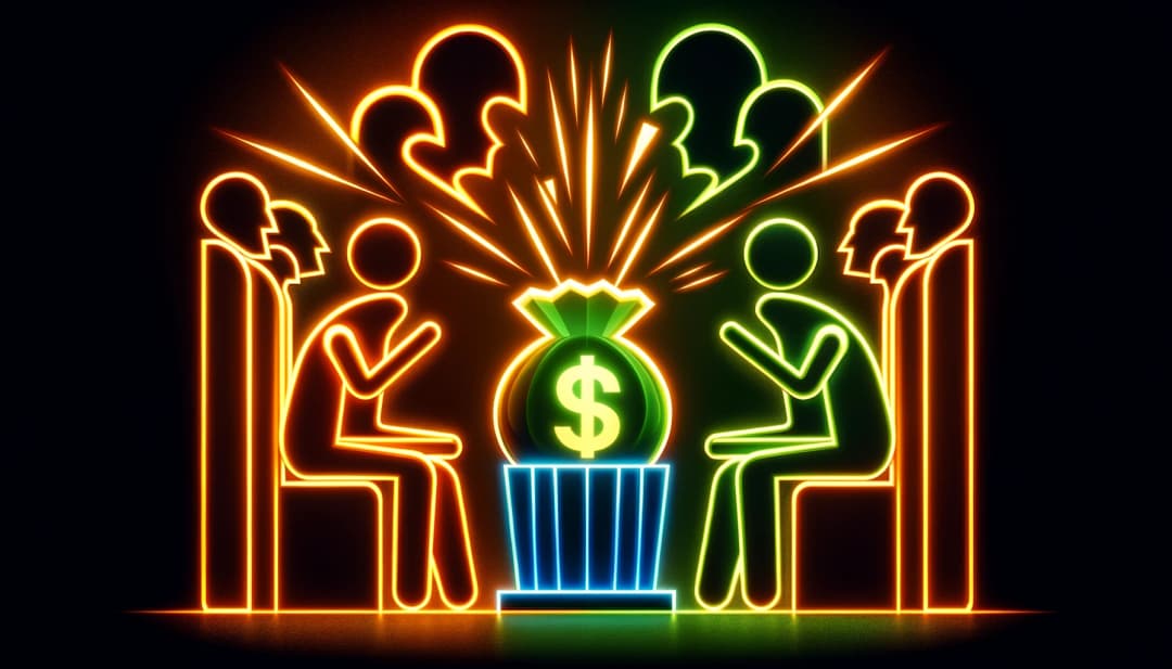 human figures facing each other with expressive poses, glowing in neon colors like orange and yellow, centered around a neon green glowing jackpot