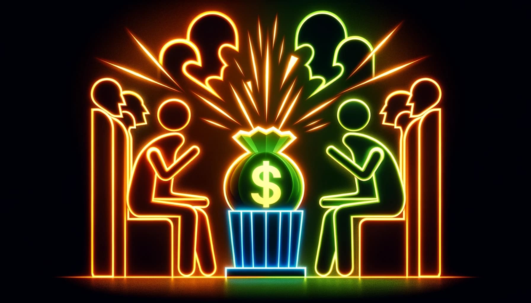 human figures facing each other with expressive poses, glowing in neon colors like orange and yellow, centered around a neon green glowing jackpot