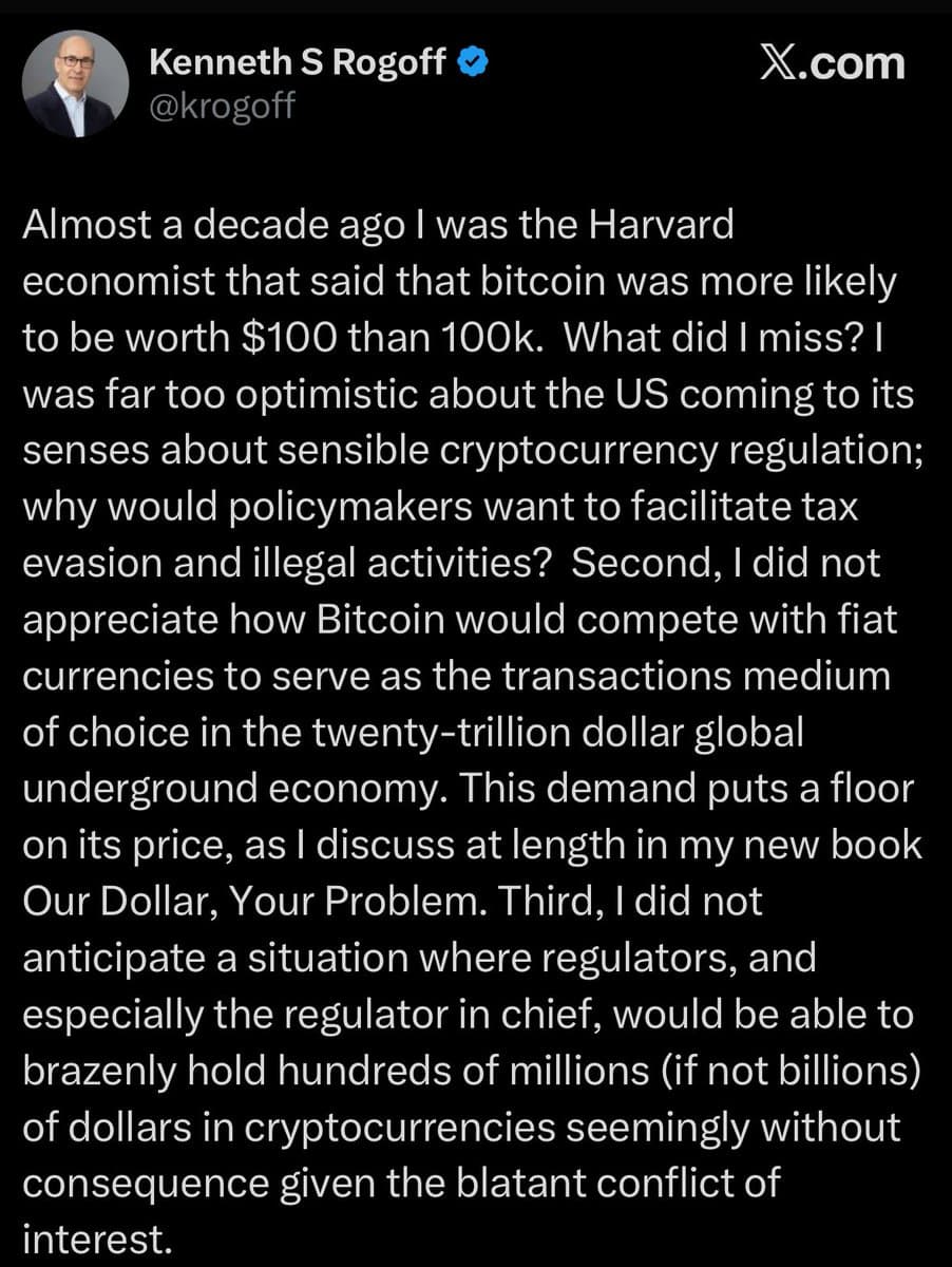 Harvard’s Rogoff Concedes 2018 Bitcoin Call Miss as Price Tops $113,000