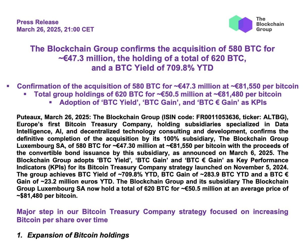 Europe’s First Bitcoin Treasury Group Plans to Acquire 260,000 Bitcoin Worth $24 Billion, 1% of Supply by 2033