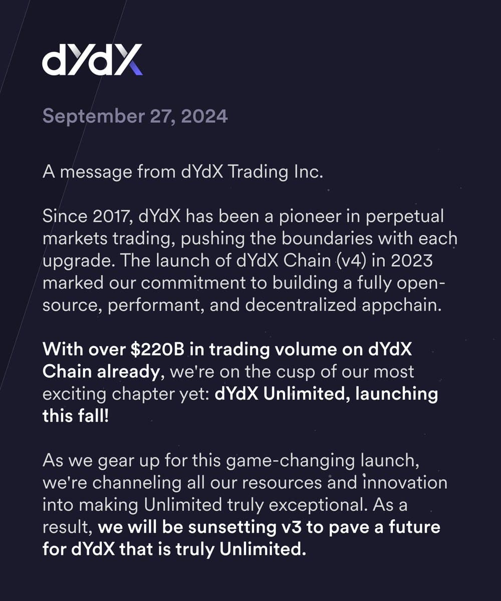 dYdX Trading to Sunset v3 Platform on October 28, 2024, Marking Start of 'Unlimited Era'