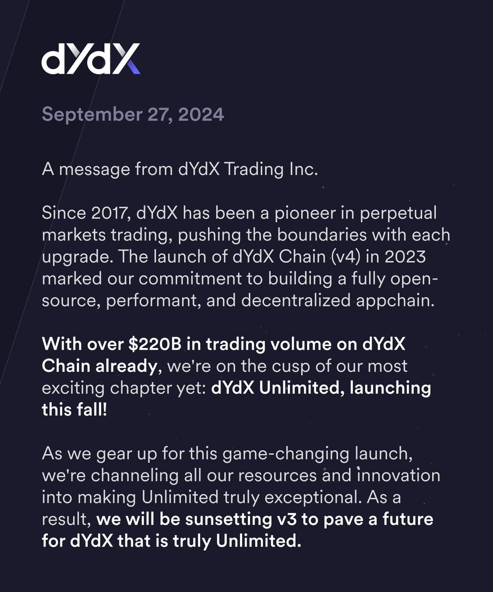 dYdX Trading to Sunset v3 Platform on October 28, 2024, Marking Start of 'Unlimited Era'