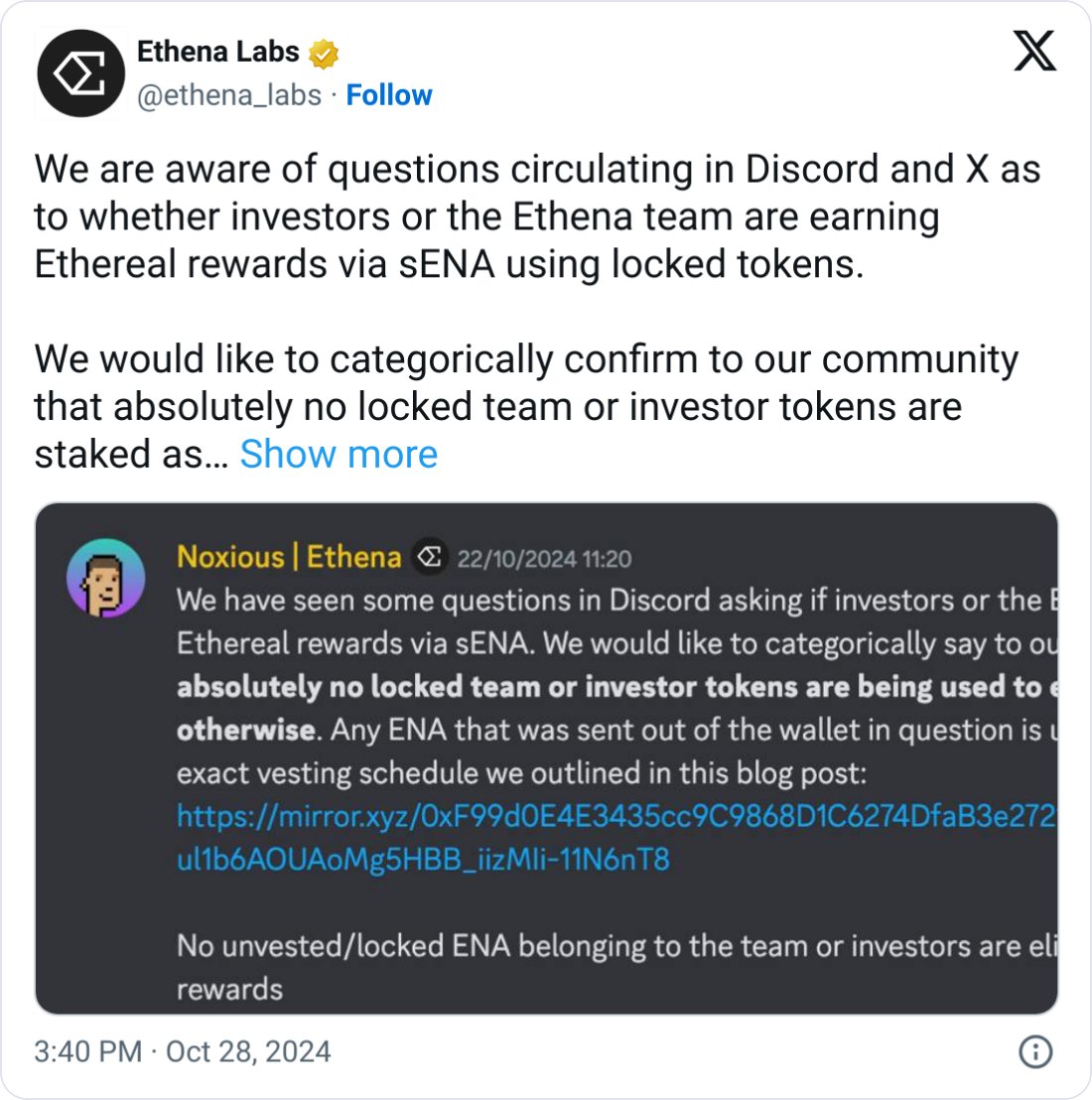 Ethena Labs Faces Allegations of Misusing 180M ENA Tokens, Holding 25% Staked ENA