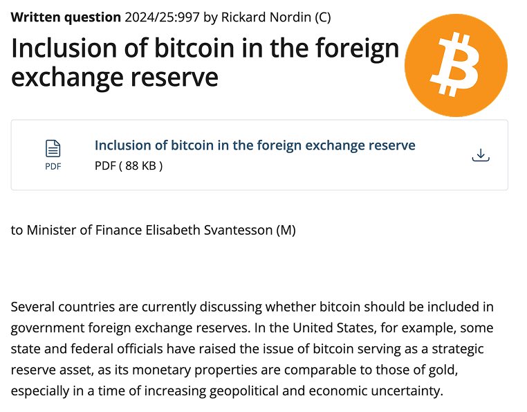 Swedish MP Rickard Nordin Proposes Bitcoin for National Reserves as Singapore Candidate Tan Urges Strategic Reserve
