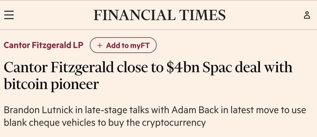 Cantor Fitzgerald Nears $4 Billion SPAC Tie-Up With Bitcoin Pioneer