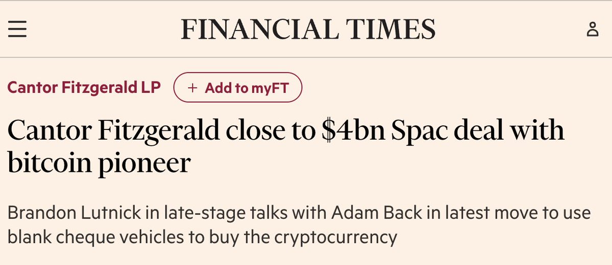Cantor Fitzgerald Nears $4 Billion SPAC Tie-Up With Bitcoin Pioneer