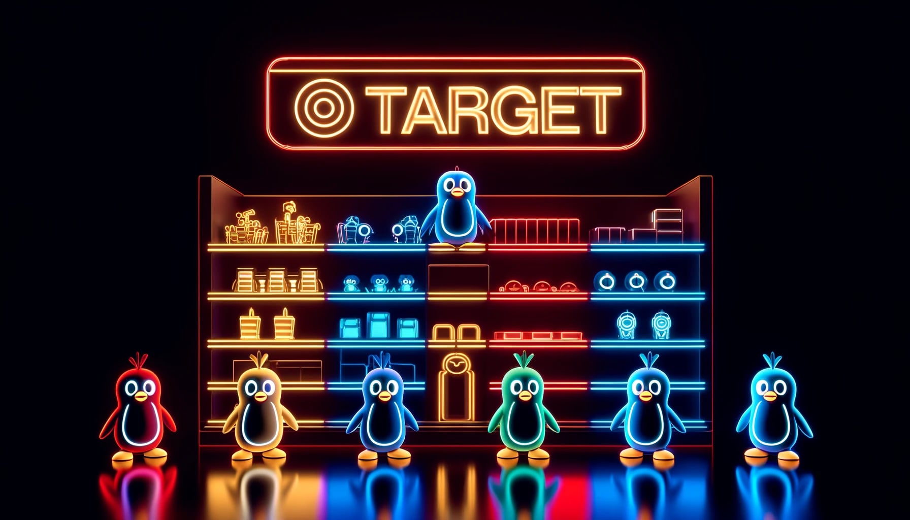 Pudgy Penguin characters as toys, glowing in neon colors like blue, white, and yellow, arranged on shelves