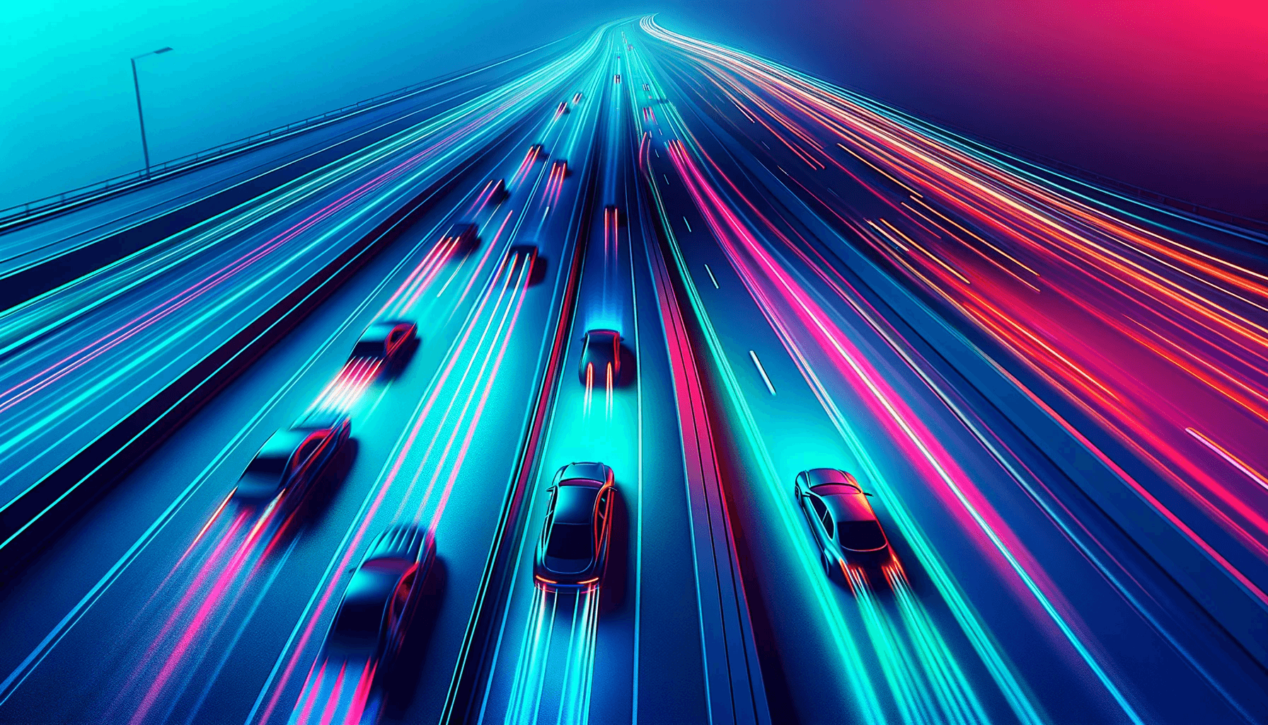 an aerial view of a highway with cars moving at high speeds, depicted in a minimalistic style with vivid neon colors