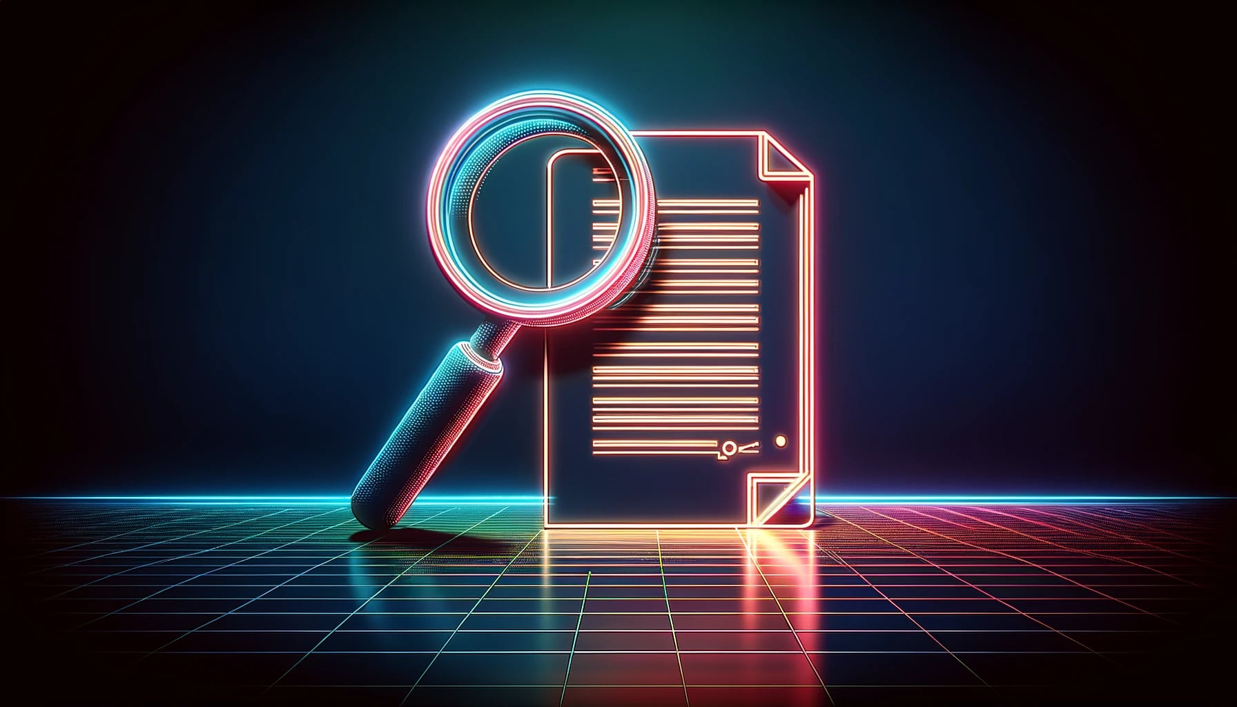 a document with a magnifying glass on top in a neon, minimalistic style