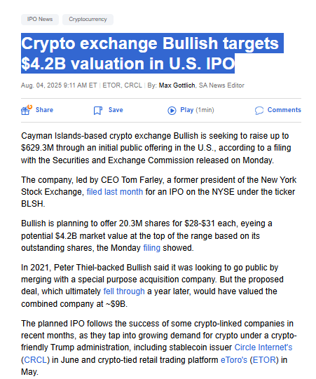 Crypto Exchange Bullish Seeks $4.2 B Valuation in US IPO