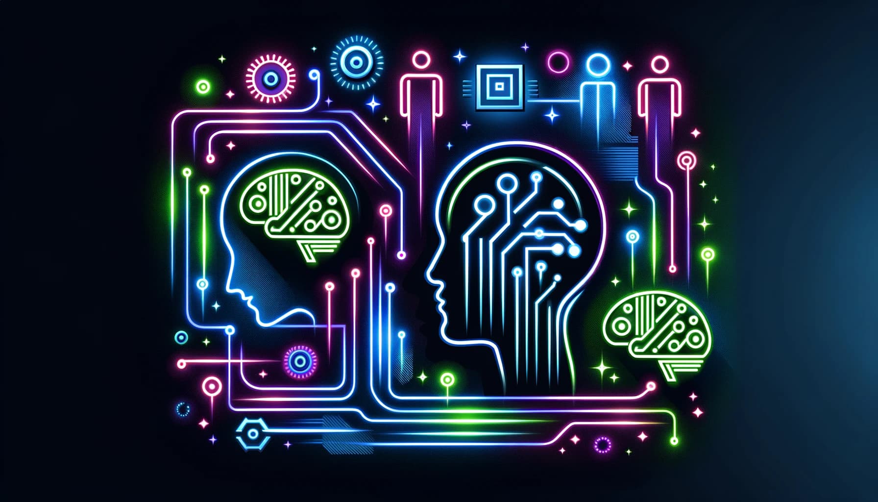 circuits and digital brains, connected to abstract human figures