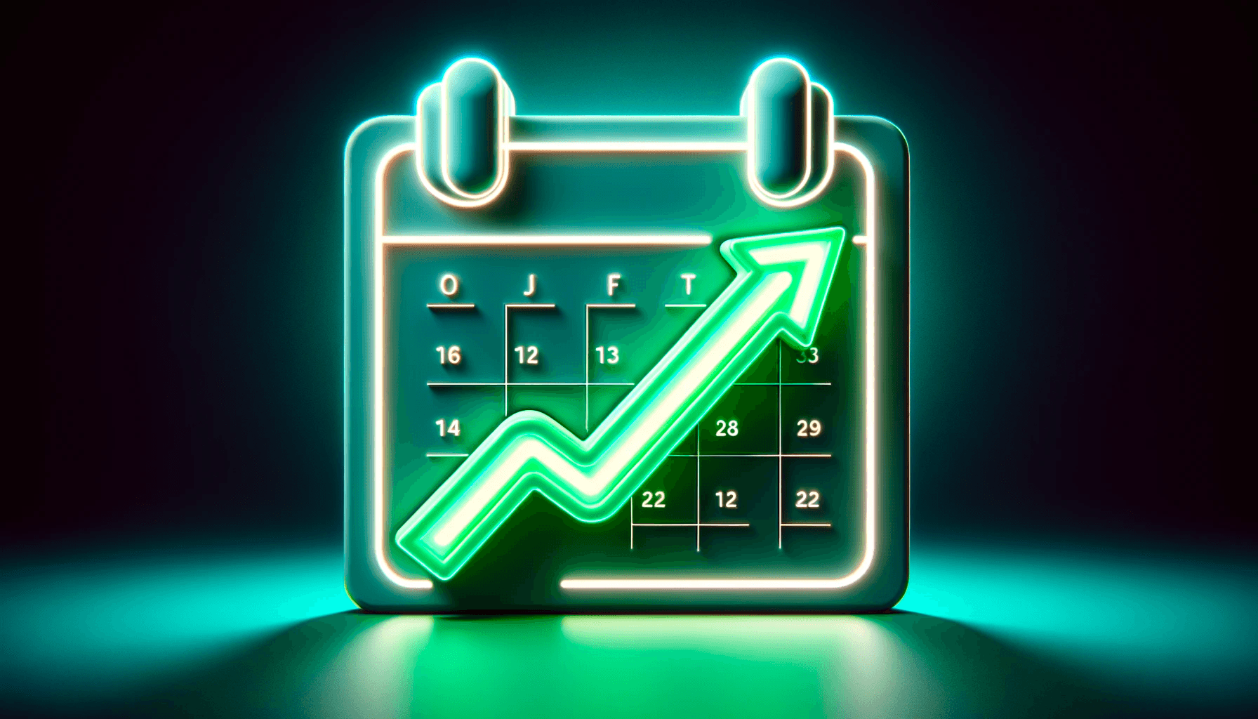 Green and black image of arrows pointing up and calendar pages