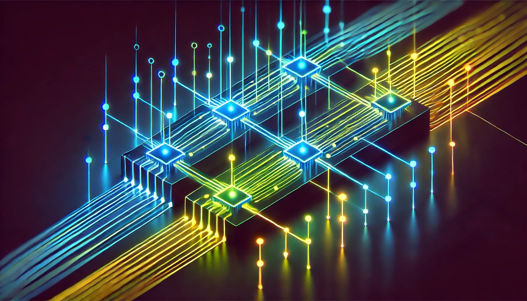 interconnected nodes and parallel lines glowing in neon colors