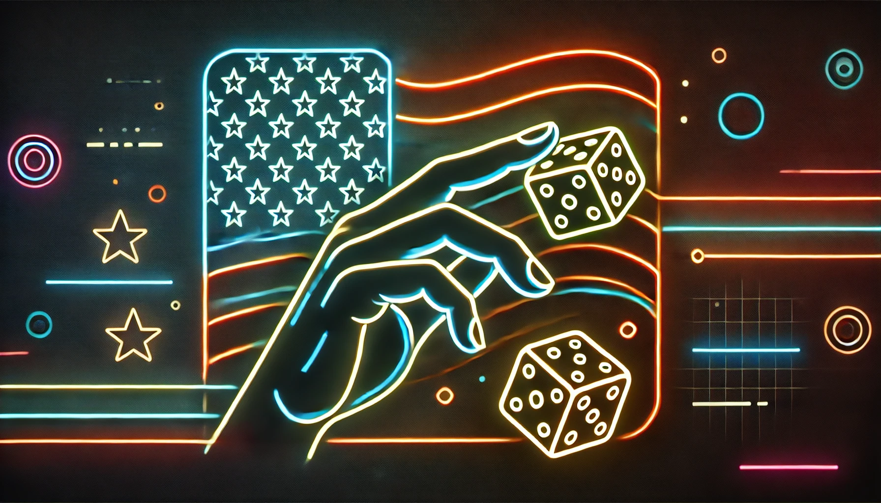 neon-colored image of a hand rolling dice with an American-themed backdrop featuring flags