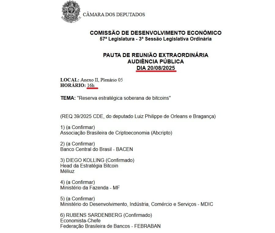 Brazil Parliament Sets Aug. 20 Hearing on National Bitcoin Reserve