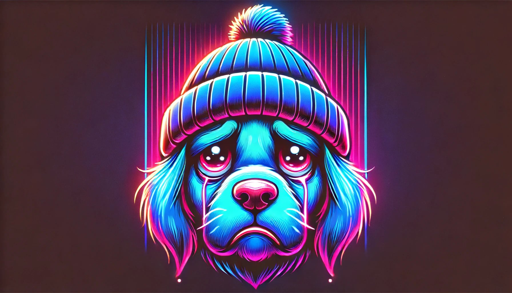 cartoon-like dog with a sad expression and neon-colored beanie