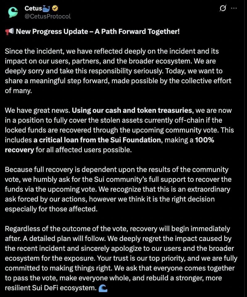 Cetus to Fully Compensate Users After $223 Million Exploit, Sui Community Vote to Decide $162 Million Release