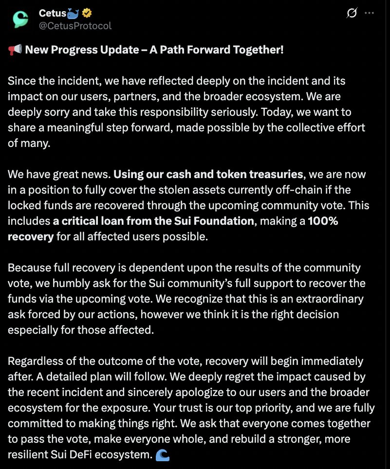 Cetus to Fully Compensate Users After $223 Million Exploit, Sui Community Vote to Decide $162 Million Release
