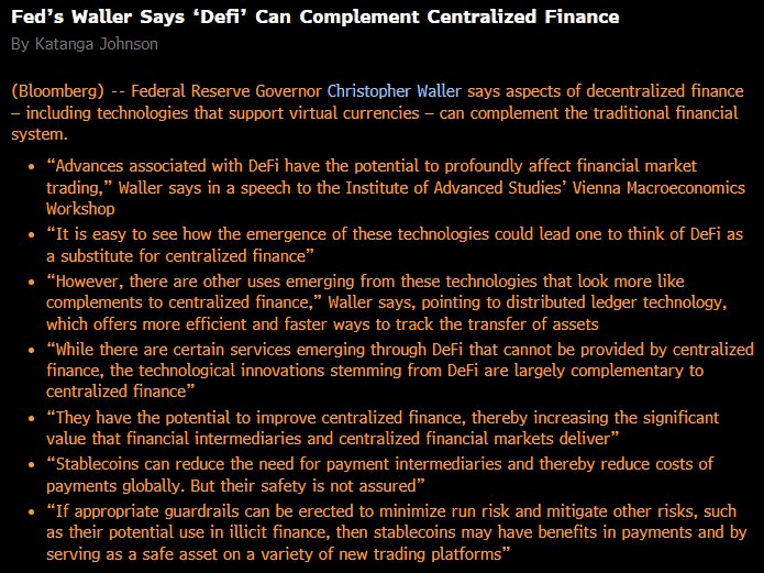 Fed's Waller: Stablecoins May Benefit Payment Systems, DeFi Could Complement Centralized Finance, Bullish Outlook