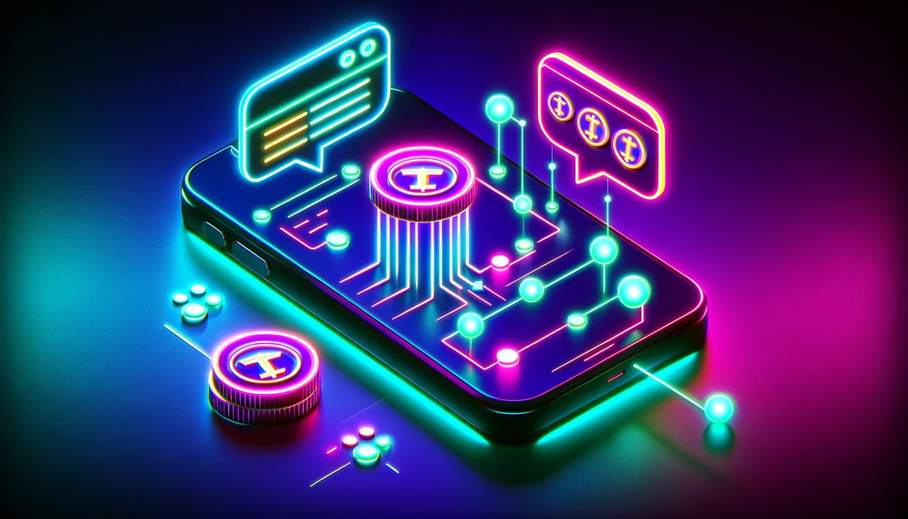 a mobile phone chat app distributing TON coins in neon colors
