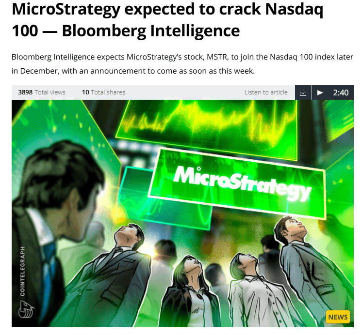 MicroStrategy Poised for Nasdaq 100 Inclusion, ETFs to Buy $2.1 Billion
