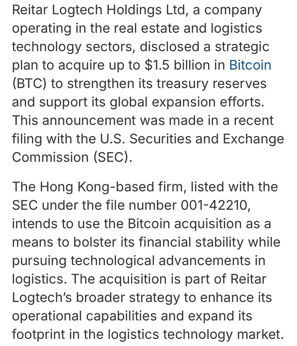 Hong Kong's Reitar Logtech to Buy $1.5 Billion in Bitcoin; NBX Becomes Norway's First Public Bitcoin Treasury
