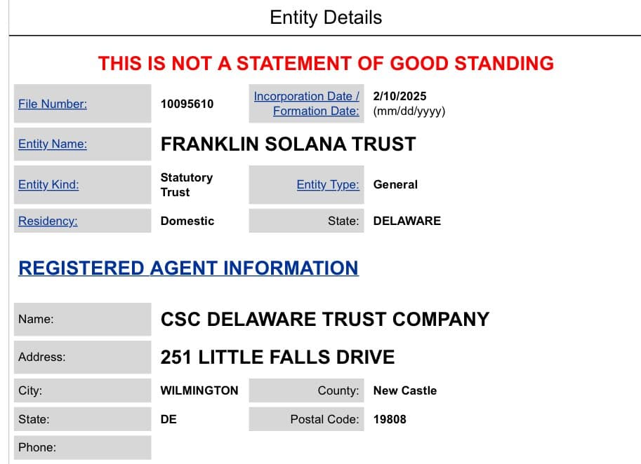 Franklin Templeton Registers Franklin Solana Trust in Delaware, Managing $1.2 Trillion, Signaling Spot ETF Interest