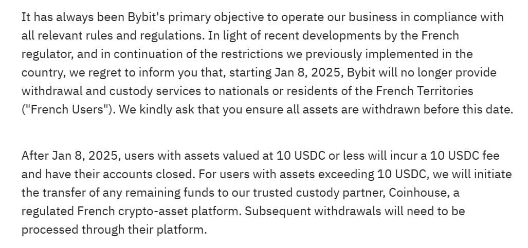 Bybit to Terminate Withdrawal and Custody Services in France, Transfer to Coinhouse Effective January 8, 2025