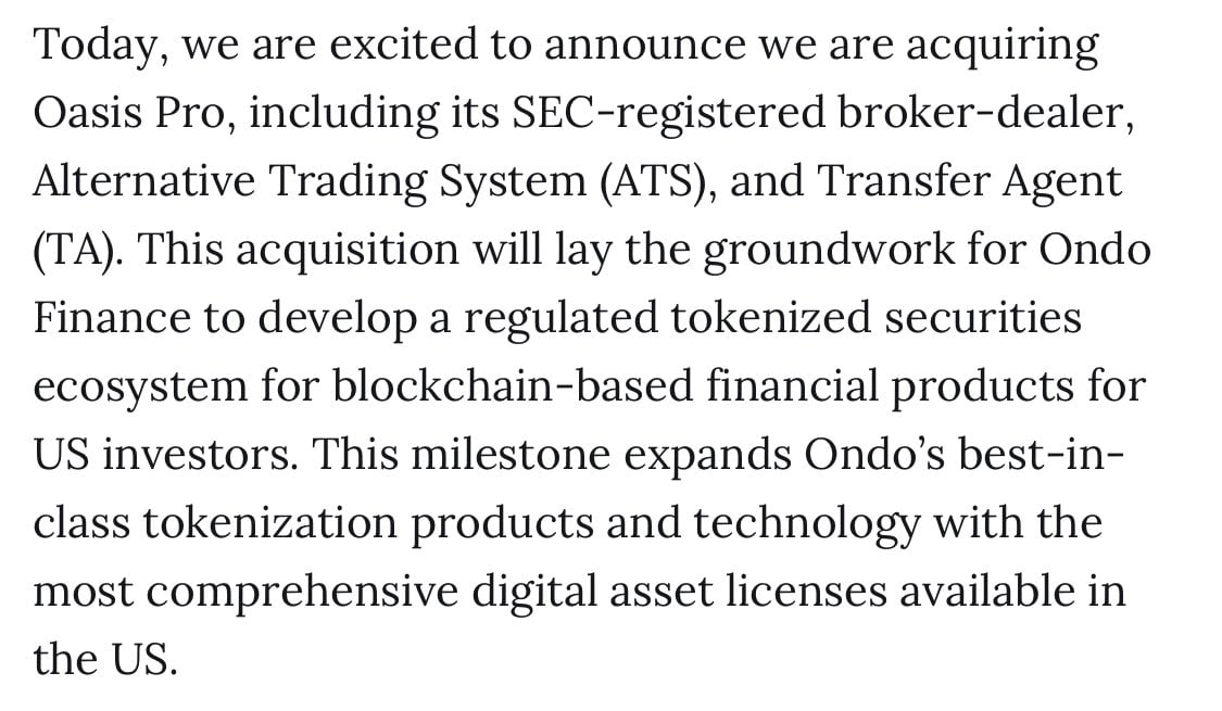 Ondo Finance Buys SEC-Regulated Oasis Pro to Broaden Tokenized Stocks
