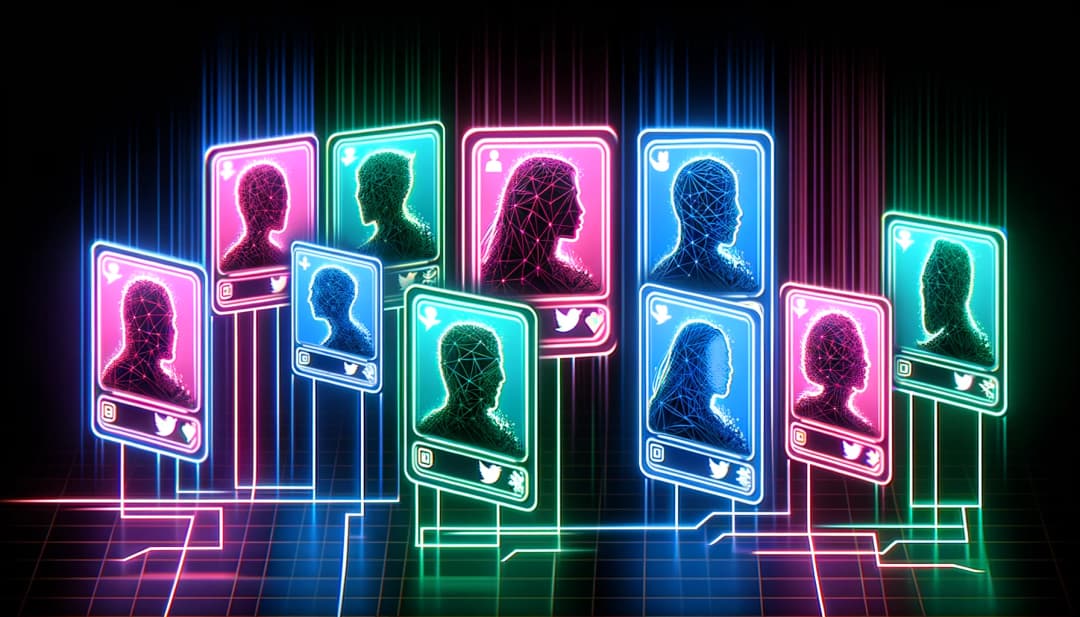 stylized trading cards, each glowing in vivid neon colors