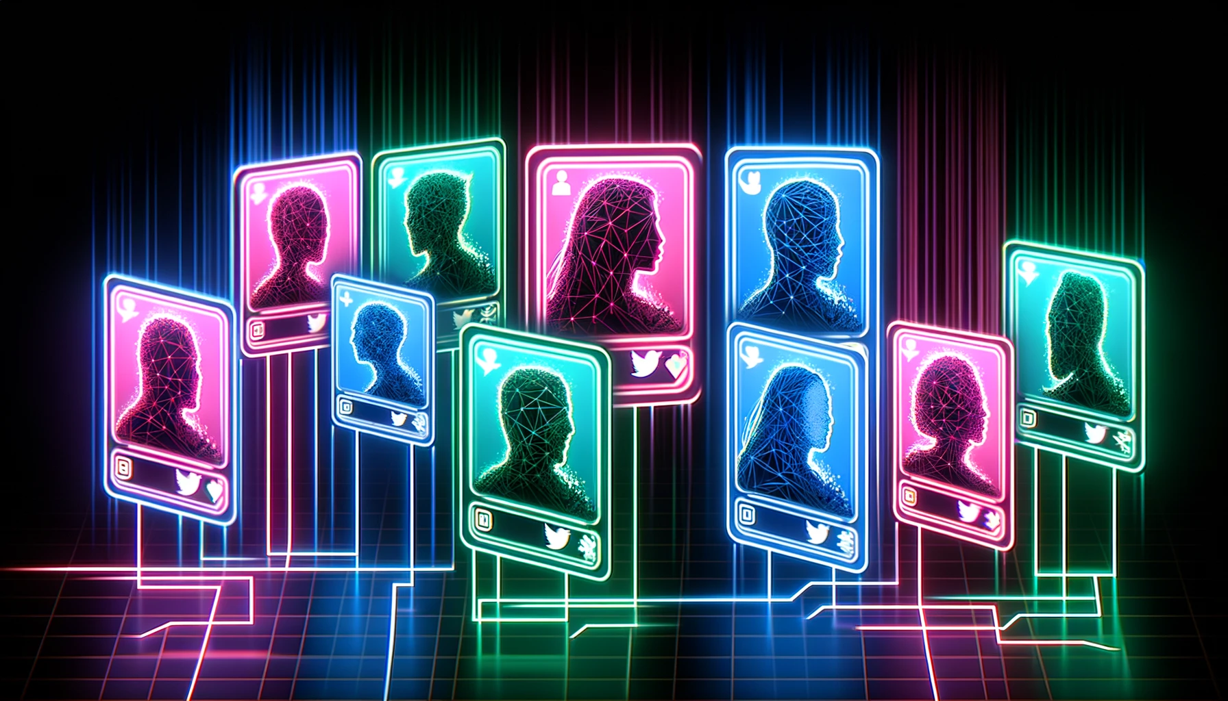 stylized trading cards, each glowing in vivid neon colors