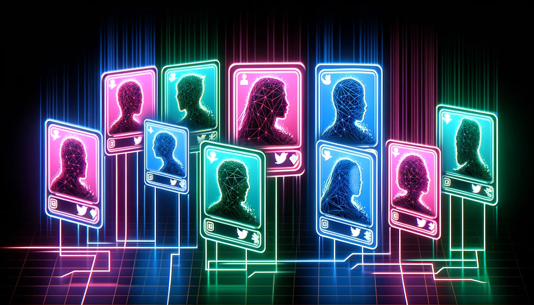 stylized trading cards, each glowing in vivid neon colors