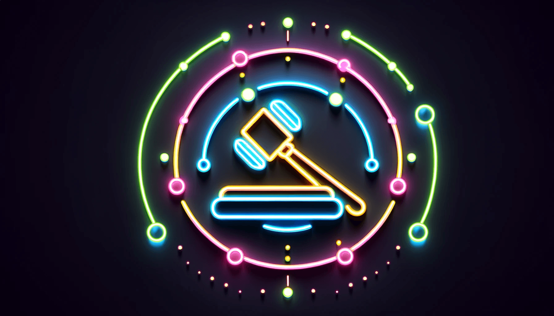 a minimalistic neon design of a DAO with a gavel at the center