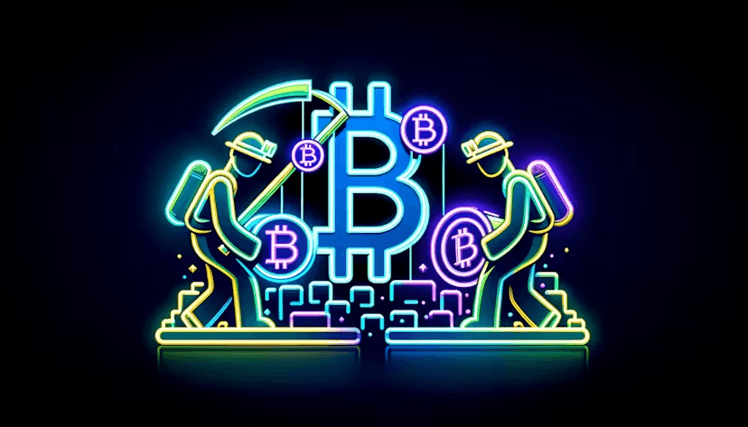 miners working next to a bitcoin logo