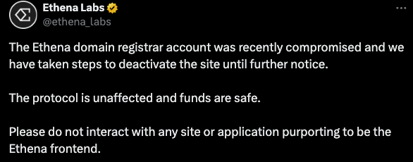 Ethena Labs, Synthetic Dollar Protocol on Ethereum, Deactivates Frontend After Domain Registrar Compromise