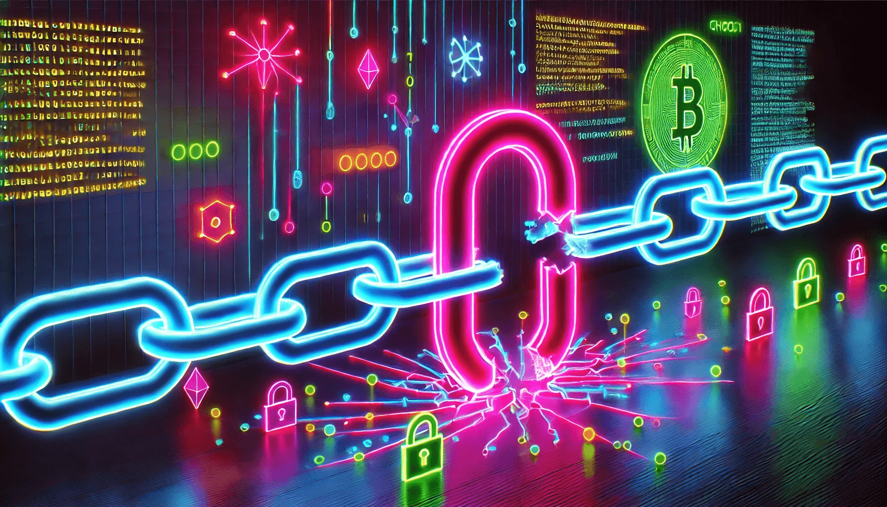 depiction of a blockchain hack in neon colors
