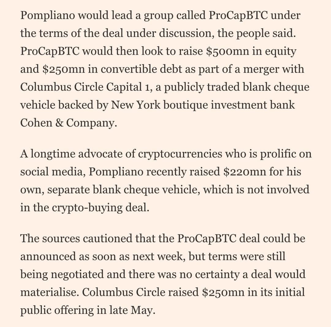 Anthony Pompliano to Lead ProCapBTC $750 Million Bitcoin Vehicle: FT